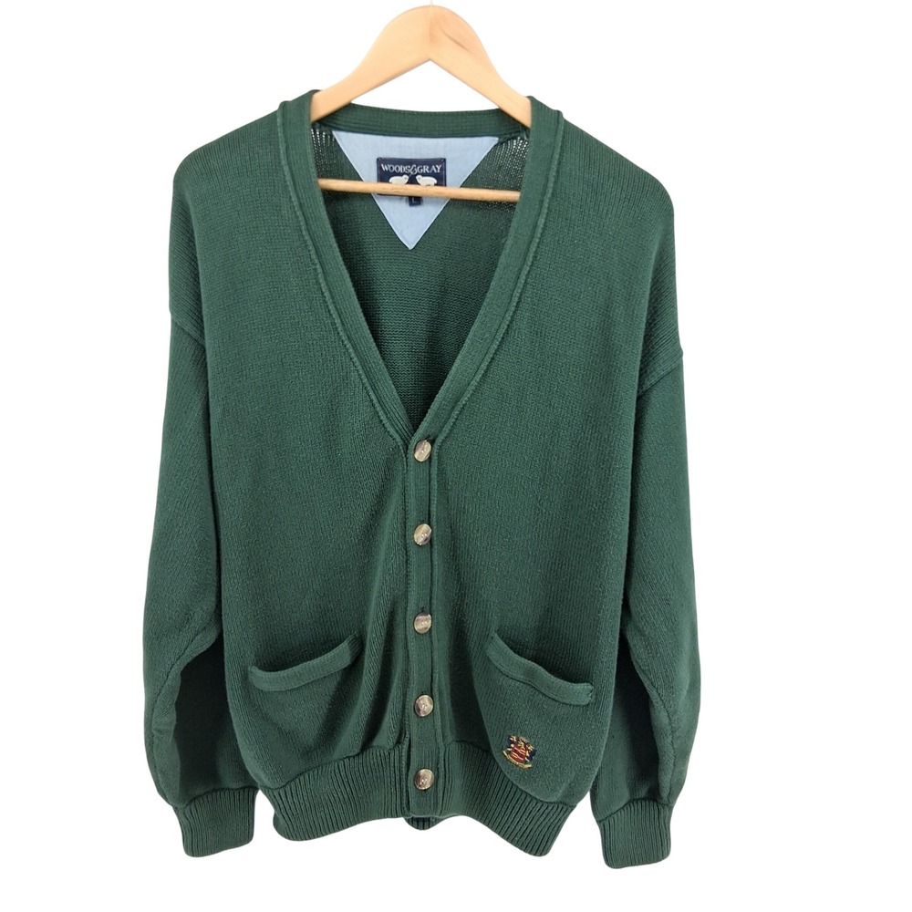 Vtg Woods & Gray Cardigan Sz Large‎ Green Knit Button Front Grandpacore Preppy